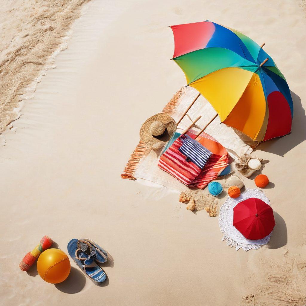 A vibrant beach scene featuring a stylish traveler packing light, surrounded by essential beach items like a versatile sarong and compact swimwear. Include a backdrop of sun, sand, and waves, showcasing a sense of adventure and relaxation. Add playful elements like a beach umbrella and a beach ball, symbolizing fun and leisure. super-realistic. vibrant colors. white background.