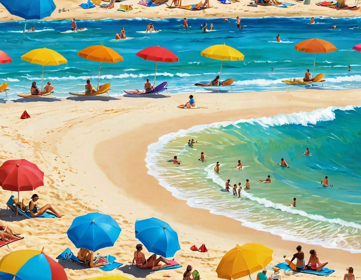 A vibrant beach scene featuring diverse, stylish swimmers wearing colorful budget-friendly swimwear, relaxing on golden sand with beach umbrellas and surfboards nearby. Include playful children building sandcastles and a beautiful ocean background under a bright blue sky, showcasing summer vibes and travel excitement. super-realistic. vibrant colors. sunny atmosphere.